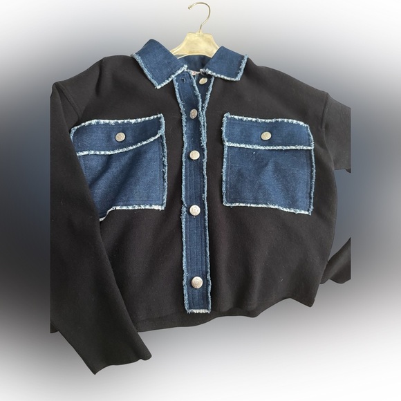 Nanette Lepore Black/Denim Contrast Streetwear Casual Trucker Jacket SZ-M - Picture 3 of 7